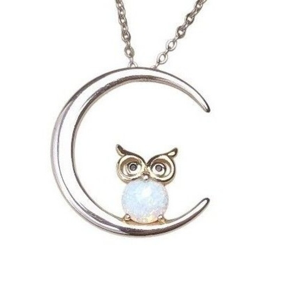 Sterling Silver Gold Wash Opal Owl Crescent Moon Pendant Necklace